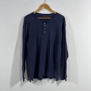 Mens Grunge Y2K Preppy Waffle Knit Thermal Henley Long Sleeve Shirt Large Blue